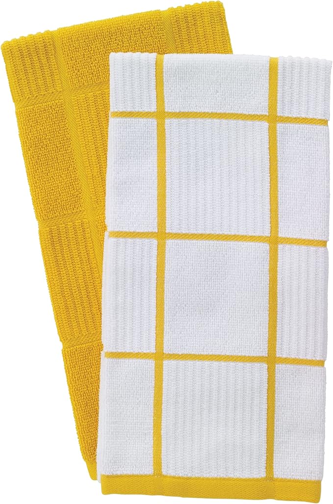 T-Fal Solid & Checked Parquet Kitchen Towels: Highly Absorbent, Super Soft Long Lasting - 100% Cotton, 16"x26" Dish Towels for Cleaning & Drying Dishes, Pans, Glassware, or Countertops, 2-Pack, Lemon