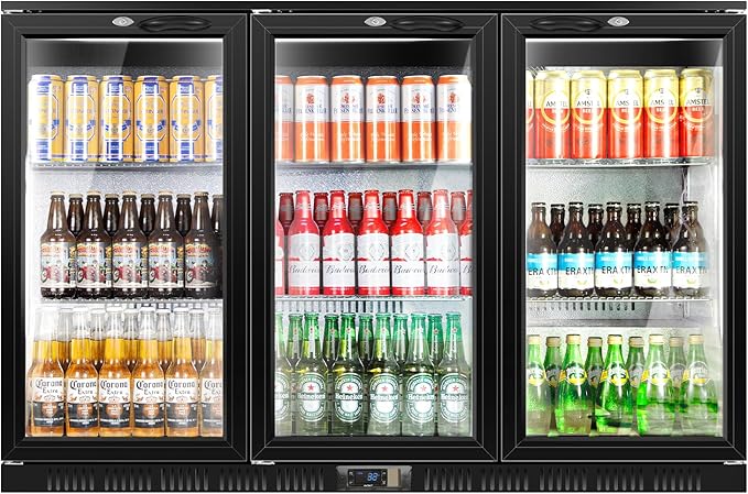 Tylza Back Bar Cooler With 3 Glass Doors, 312L Under Counter Back Bar Refrigerator with LED Lighting, Safety Locks, Counter Height Bar Beverage Cooler for Beer, Soda Drinks, Wine, Black