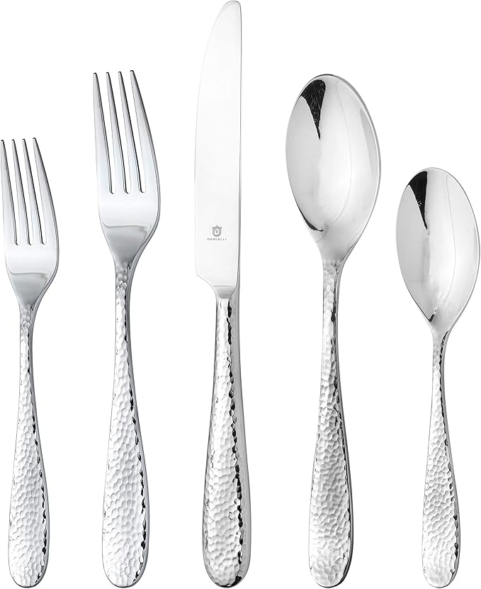 Hammered Silverware Set | Premium 18/10 Stainless Steel Flatware Service for 8 | Heavy-Duty & Dishwasher Safe | Built to Last (40-Piece, Fidenza Hammered)