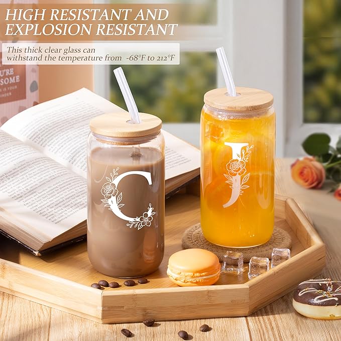 Personalized Gifts for Women, Monogrammed Gifts for Women, Initial 16 oz Glass Cups With Lids and Straws, Customized Mug, Personalized Birthday Gifts Christmas Gifts for Her Mom Friend Woman, C