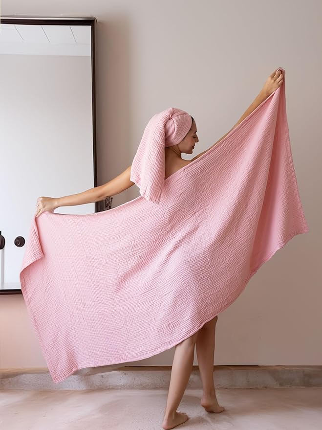 4 Pieces Muslin Towel Set for Bathroom, Luxury 100% Turkish Cotton Thin Soft Quick-Dry Lint-Free Large Size Bath Hand Towel Sets (Light Pink, 2 Bath & 2 Hand Towel Set)