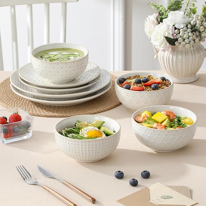 MALACASA 24 Piece Dinnerware Set, Embossed Ceramic Dish Sets Service for 8, Plates and Bowls Set, Durable Stoneware Tableware for Family Dinners, Dishwasher & Microwave Safe