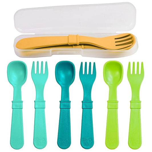 Re-Play Toddler Forks and Spoons Set - 4x4 Utensils Set for Kids - Dishwasher and Microwave Safe - Made in USA - Set of 8-5.8" x 1.2" x 0.2" - Aqua Asst
