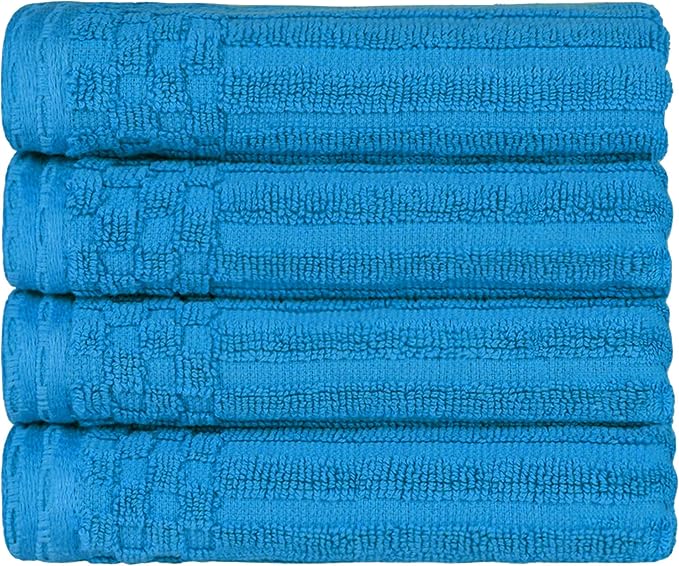 Cotton 4-Piece Solid and Ribbed Hand Towel Set, Hand Towels- 16" x 28", Azure by Superior