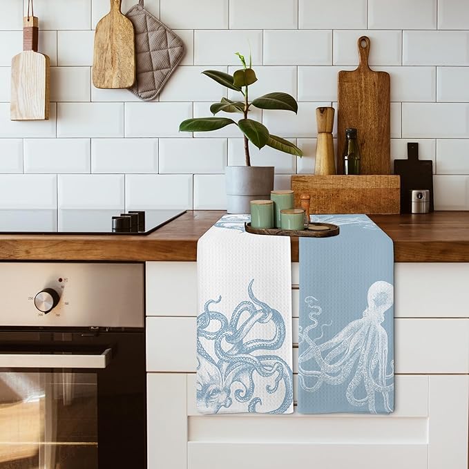 Coastal Light Blue Octopus Beach Decor Dish Hand Tea Towels for Bathroom Kitchen, Girly Octopus Ocean Nautical Beachy Bathroom Decor, Coastal Kitchen Towels and Dishcloths Sets of 2, 16x24 In