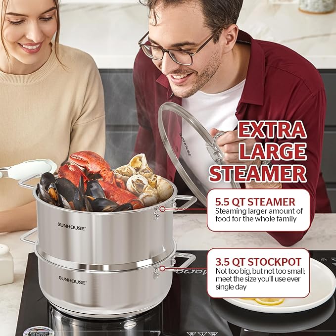 SUNHOUSE 2-Tier Stainless Steel Steamer Pot with Lid - Larger 5.5 QT Steamer & 3.8 QT Stockpot Base - Induction Ready, Compatible with All Cooktops - Multipurpose for Vegetables & Dumplings