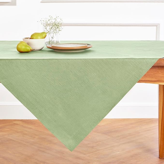 Solino Home Linen Tablecloth 52 x 52 Inch - 100% Pure Linen Laurel Green Square Tablecloth - Fete, Machine Washable Table Throw