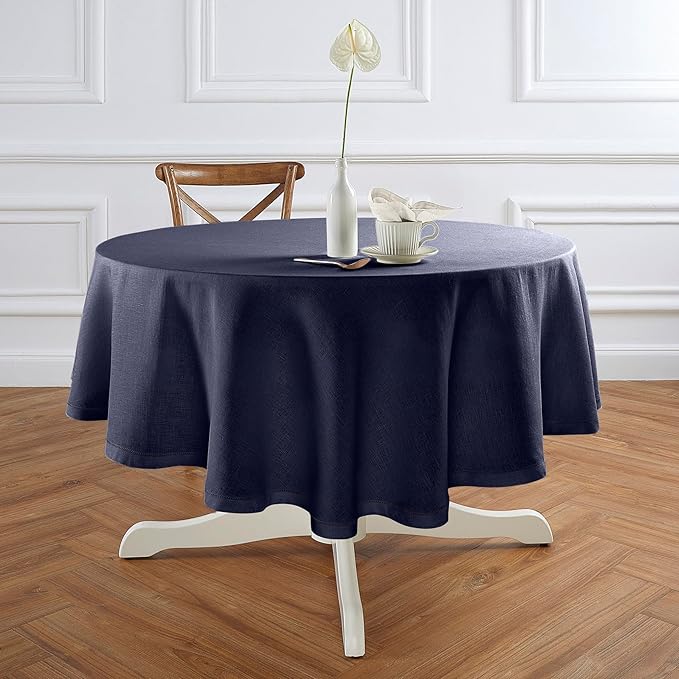 Solino Home Linen Round Tablecloth 70 Inch - 100% Pure Linen Indigo Navy Round Tablecloth - Machine Washable Table Cloth for Winter - Sonoma Hemstitch