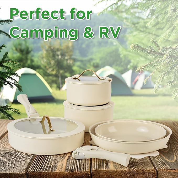 20pcs Ceramic Cookware Set Nonstick, Detachable Handle Pots and Pans Set, RV Kitchen Set Removable Handle for Cooking, Non Toxic, No PFAS & PTFE & PFOA, Dishwasher/Oven Safe, Cream White
