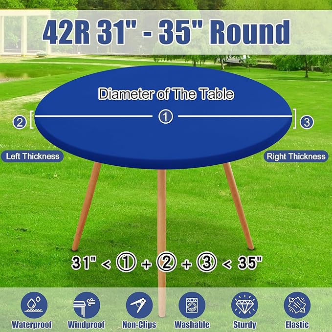 Round Spandex Tablecloth, Elastic Fitted Waterproof Tablecloths for 31"-35" Tables, Stretch Washable Picnic Table Cover for Camping, Dining, Indoor and Outdoor, Blue