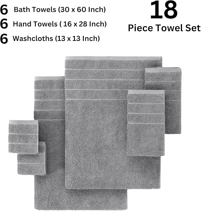 Casa Platino 100% Cotton 18 Piece Bath Towel Set - Ring Spun, Quick Dry, Super Soft & Highly Absorbent - 6 Bath, 6 Washcloths, 6 Bathroom Hand Towels - Hotel Quality Bathroom Towel Set - Ultimate Grey