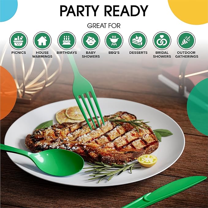 Party Solids Emerald Green Plastic Forks 200 Pcs Green Forks Disposable Utensils Heavy Duty Plastic Cutlery Set Disposable Cutlery Sets Flatware Sets Silverware Set Party Supplies & Party Tableware