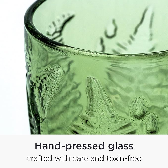 Vintage Green Drinking Glasses Set of 8 – 10 oz Embossed Textured Glass Cups, Retro Style Colored Drinkware for Water & Cocktails, Durable Decorative Kitchen Glassware, Unique and Cute Hostess Gift