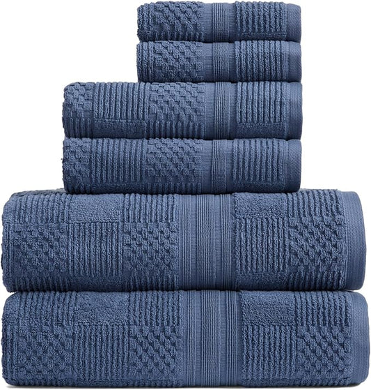 Springtree Home 100% Cotton Bathroom Towel Set | 6 Piece Set - Blue Towels | Geometric Textured Design | Absorbent & Quick-Dry | Oeko-TEX® Standard 100 Cotton | Myla Collection - Indigo