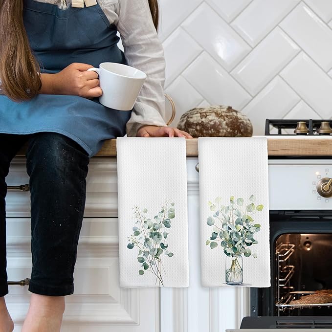 Sage Green Eucalyptus Botanical Kitchen Towels Set of 2, Watercolor Eucalyptus Bathroom Decor, Sage Green Kitchen Decor Hand Towel, Leaves Tea Towel Dish Towels 16x24 Inch