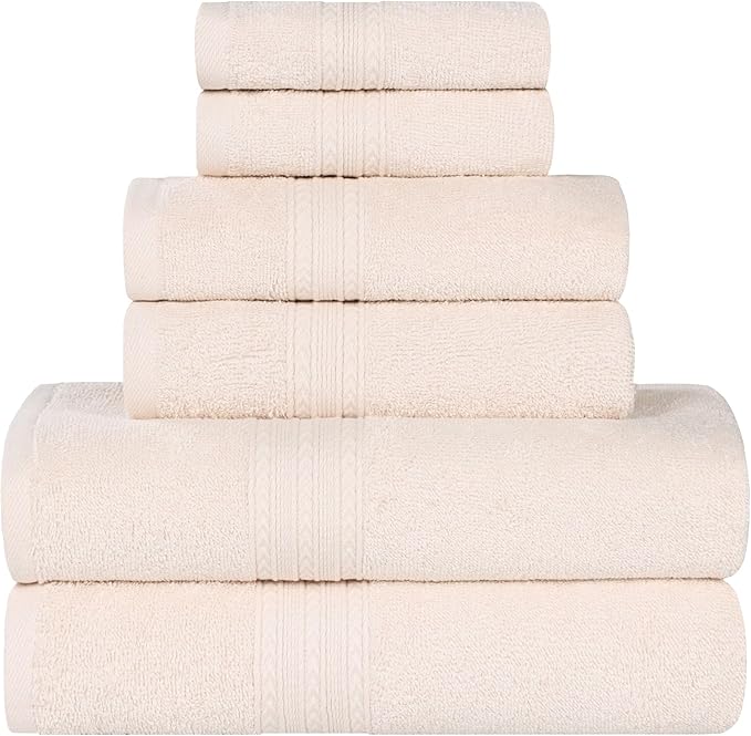 Superior Eco-Friendly Cotton 6-Piece Towel Set, Bathroom, Shower, Spa, Large and Small Assorted Towels for Home, Apartment, Dorm, 2 Bath, 2 Hand, 2 Face/Washcloth, Soft, Highly Absorbent, Ivory