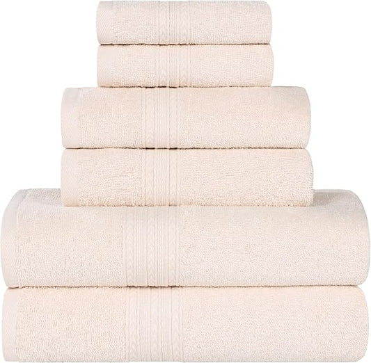 Superior Eco-Friendly Cotton 6-Piece Towel Set, Bathroom, Shower, Spa, Large and Small Assorted Towels for Home, Apartment, Dorm, 2 Bath, 2 Hand, 2 Face/Washcloth, Soft, Highly Absorbent, Ivory