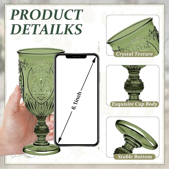 100 Pcs Plastic Goblets 7.5oz Vintage Goblet Plastic Wine Glasses Colored Retro Embossed Water Goblets for Wine Bar Juice Baby Shower Wedding Reception Grand Event Party (Olive Green)