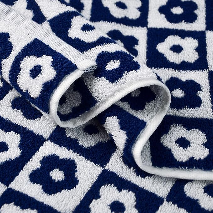 Jacquotha Cotton Hand Towels Navy Checkered Floral - Quick Drying Hand Towel Set of 4 for Kitchen Bathroom Decor, 29” x 13”