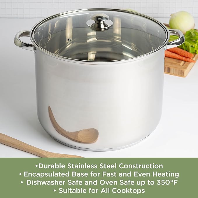 Ecolution Stainless Steel Stock Pot, Encapsulated Induction Ready Cooking Pot with Glass Lid, Oven Safe, Dishwasher Safe Soup Pot, 24-Quart