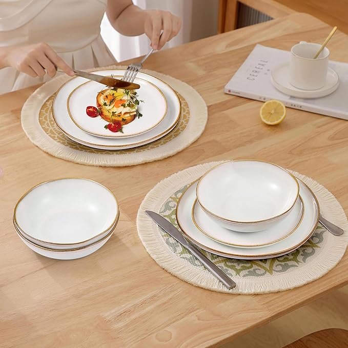 Herogo 24Pcs Plates and Bowls Dinner Set, Stoneware Dinnerware Dishes Sets for 8, Ceramic Dishware Tableware Includes Dinner Salad Plates, Soup Bowls, Microwave & Dishwasher Safe, Pearl White