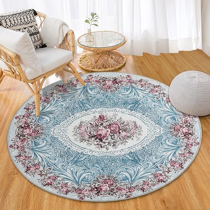 Easy-Going Round Area Rug 3ft Washable Floral Small Circle Rugs for Living Room Non-Slip Bedroom Rug Low Pile Lightweight Retro Flowers Throw Rug for Dining Room Kitchen Home Home Office, Teal Red