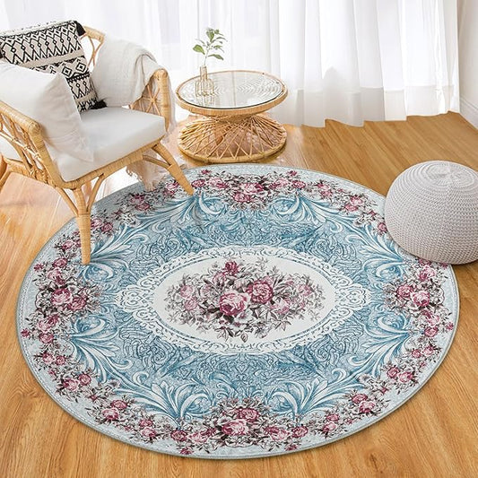 Easy-Going Round Area Rug 3ft Washable Floral Small Circle Rugs for Living Room Non-Slip Bedroom Rug Low Pile Lightweight Retro Flowers Throw Rug for Dining Room Kitchen Home Home Office, Teal Red