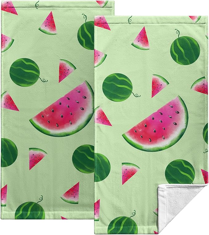 Watermelon Cotton Kitchen Towel Set of 2 Green Tropical Fruits Hand Towels Summer Dish Towel Reusable Portable Drying Baking Tea Towel for Kitchen Home Cleaning Bath Decor