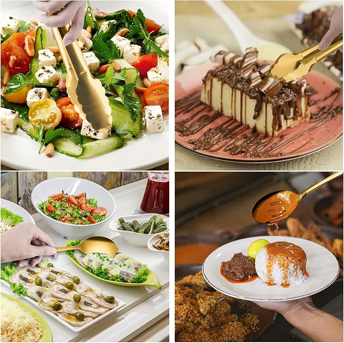 Serving Utensils, XEVOM 6-Piece Stainless Steel Serving Utensil Set Include Serving Spoon, Slotted Serving Spoon, Serving Fork,Serving Tong, Appetizers Tong,Pie Server(Gold)