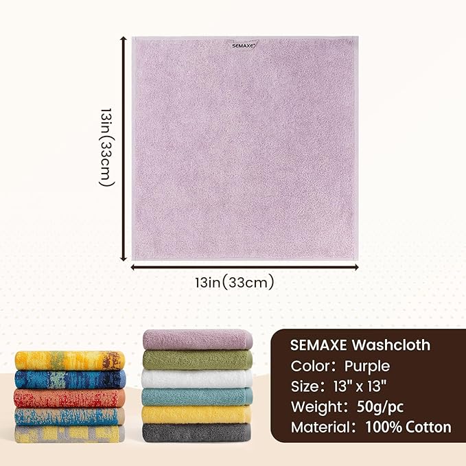 SEMAXE 100% Cotton Washcloths for Bathroom - 24 Pack, Quick-Dry Face Towels with Hanging Loop, Highly Absorbent and Soft, 13x13 Inch, Purple