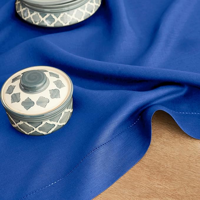 Solino Home Linen Royal Blue Table Runner 108 Inches Long - 100% Pure Linen 14 x 108 Inch Table Runner for Holiday, Winter, New Year - Classic Hemstitch