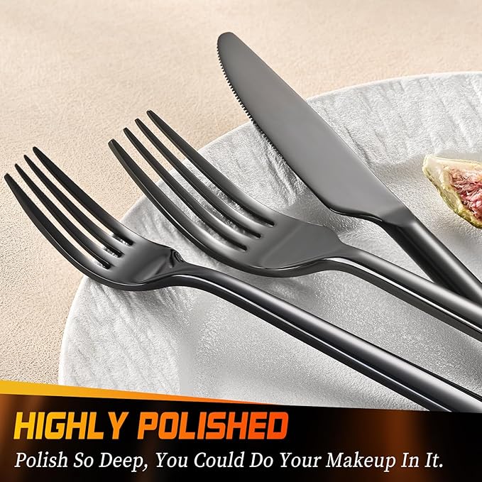 40-Piece Black Silverware Set, Heavy-Duty Stainless Steel Black Flatware Set for 8, Cutlery Set with Modern Round Handle, Mirror Polished Utensils Set, Dishwasher Safe
