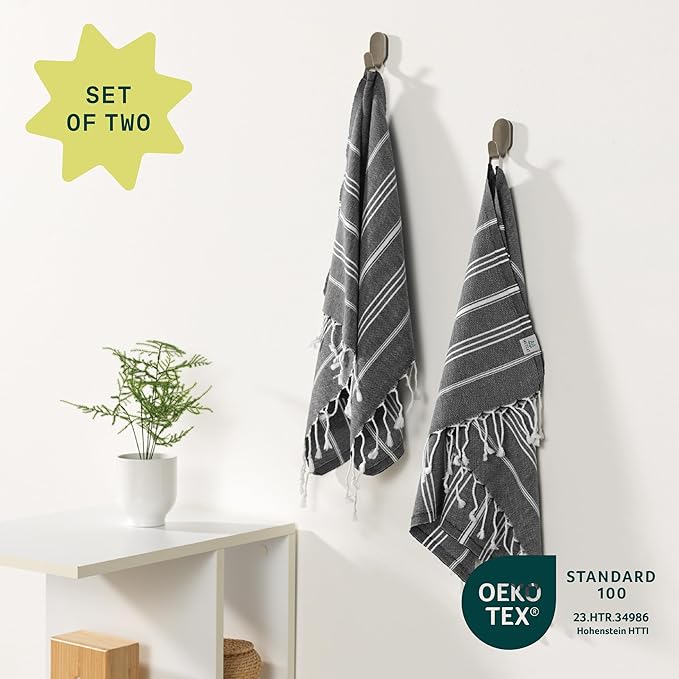 WETCAT Turkish Hand Towels with Hanging Loop, Set of 2 (20" x 30") 100% Turkish Cotton, Pre-Washed, Quick Drying, for Kitchen or Bathroom - Black