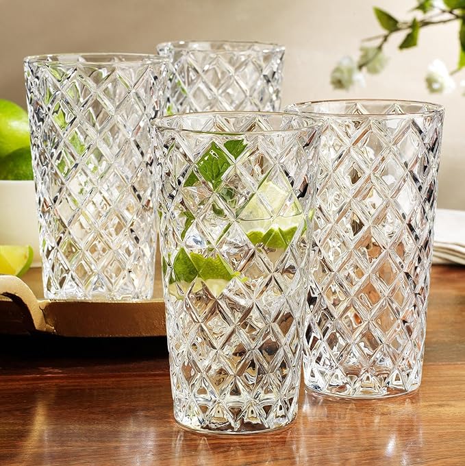 Glaver's Drinking Glasses - Set of 10-14oz. Highball Glass Cups - Dishwasher Safe Cocktail - Diamond Cut Shape - Tall Beer Glasses, Water Glasses, Bar Glass, Wine, Juice, Iced Tea