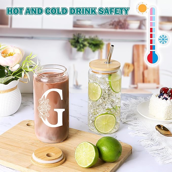 Gifts for Women, Personalized Monogrammed Gifts for Sister Mom Friend Wife, Birthday & Ideas 2024 - Cute Iced Coffee Glass Cups with Lids & Straws