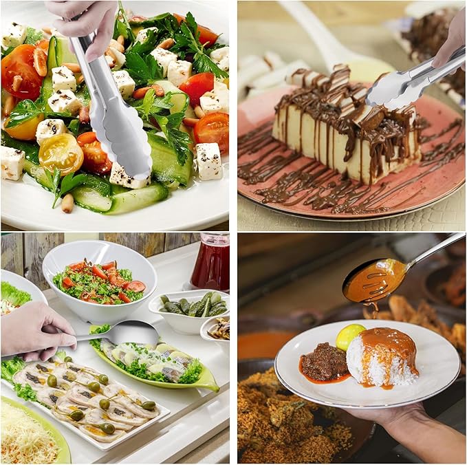 Serving Utensils, XEVOM 6-Piece Stainless Steel Serving Utensil Set Include Serving Spoon, Slotted Serving Spoon, Serving Fork,Serving Tong, Appetizers Tong,Pie Server (Silver), Regular