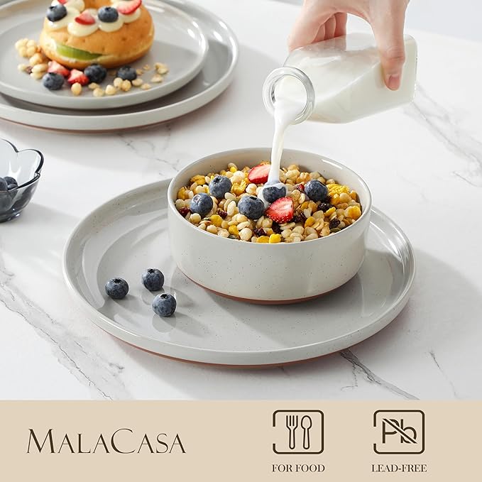 MALACASA Plates and Bowls Sets, 12 Pieces Modern Stoneware Dinnerware Set for 4 Kitchen Dinner Set Ceramic Dishware Dishes Set Microwave and Dishwasher Safe, Grey, Series TARA