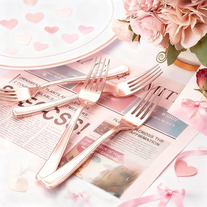 Liacere 200 Pack Rose Gold Forks Disposable - 7.4 inch Heavy Duty Plastic Forks - Heavyweight Plastic Fork - Rose Gold Silverware for Catering, Parties, Dinners, Wedding＆Mother's Day＆Valentine's Day