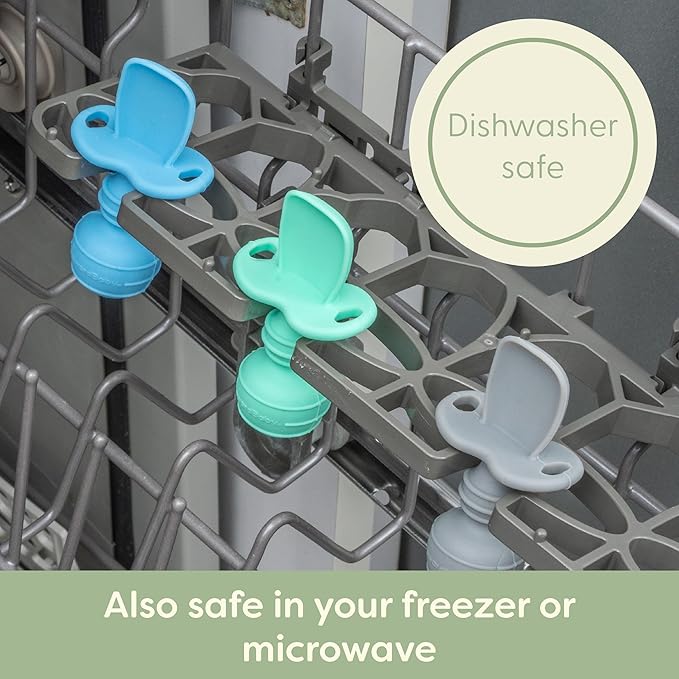 UpwardBaby Self-Feeding Spoon with Choke Barrier - Silicone Baby Spoons Toddler Utensils for Home & Travel, Textured Tips Massage Gums & Baby-Led Weaning, Tiny, Pack of 3, Blue/Gray/Mint