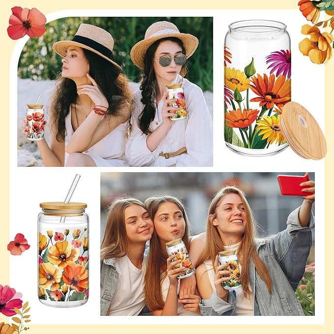 Mumufy 4 Pcs Oil Flower Themed Gifts for Women Cute Glass Cup Tumbler Flower Iced Coffee Mugs 16 oz Glass with Bamboo Lid & Straw, Christmas Mothers Day Birthday Gift for Mom Sister Bridesmaid