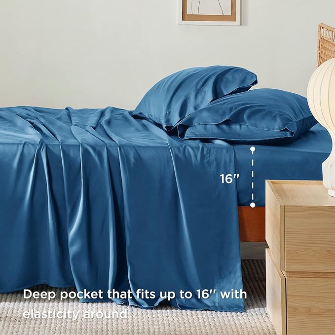 Bedsure Cooling Sheets Twin XL, Rayon Derived from Bamboo, Breathable & Soft Twin XL Sheet Sets, Deep Pocket Up to 16", Hotel Luxury Silky Dorm Bedding for Hot Sleepers, Teal