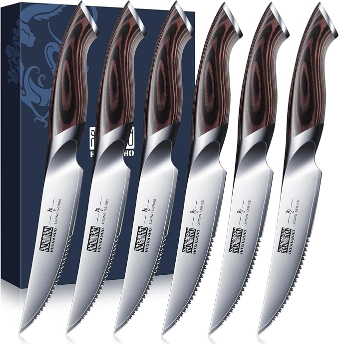 HOSHANHO Steak Knives Set of 6, Ultra Sharp 4.5 Inch Serrated Steak Knife Set, Japanese High Carbon Steel Kitchen Steak Knives with Ergonomic Handle