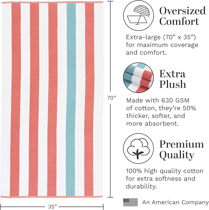 Laguna Beach Textile Co. Striped Cabana Beach Towel - Oversized, Plush 630 GSM Cotton - Coral Orange & Sea Glass Green