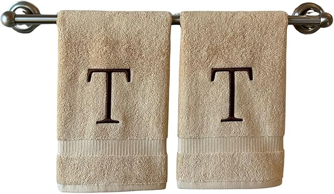 Beige Initial Hand Towel for Bathroom - Monogrammed Luxury Hotel Quality Decorative Embroidered Towel for Powder Room, Spa - GOTS Organic Certified - Set of 2 Brown Letter T