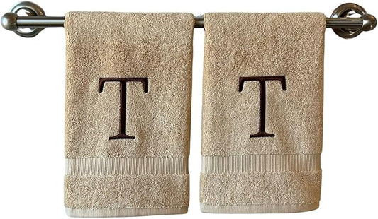 Beige Initial Hand Towel for Bathroom - Monogrammed Luxury Hotel Quality Decorative Embroidered Towel for Powder Room, Spa - GOTS Organic Certified - Set of 2 Brown Letter T