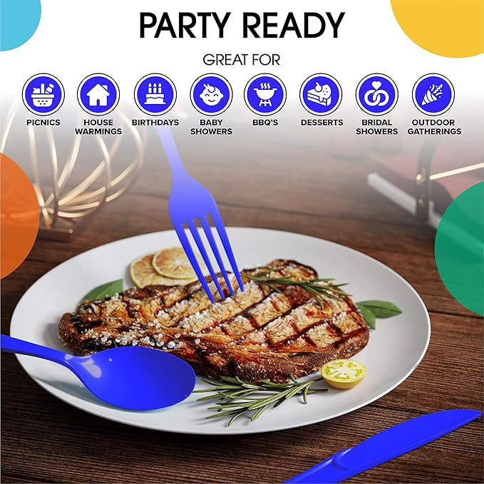 Party Solids Dark Blue Plastic Forks 200 Pcs Dark Blue Forks Disposable Utensils Heavy Duty Plastic Cutlery Set Disposable Cutlery Sets Flatware Sets Silverware Set Party Supplies & Party Tableware