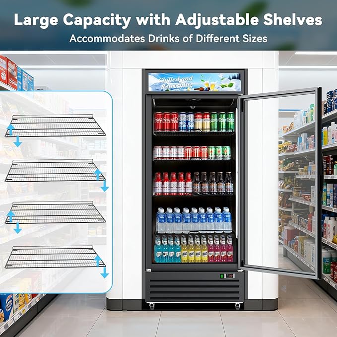 Commercial Beverage Refrigerator with Glass Door, 21.2 Cu.Ft Display Fridge Beverage Cooler with Customizable Lightbox Adjustable Shelves, Drink Fridge Merchandiser for Restaurant Shop, Black