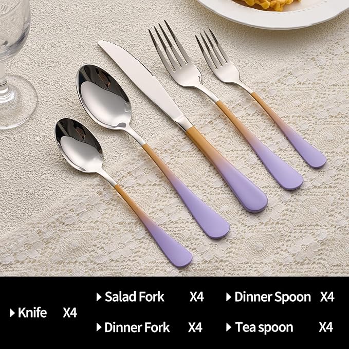 20-Pieces Color Silverware Sets for 4,Purple and Orange Handle Stainless Steel Cutlery Set, Include Forks Spoons and Knives Set, Dishwasher Safe Utensil Sets for Home Restaurant