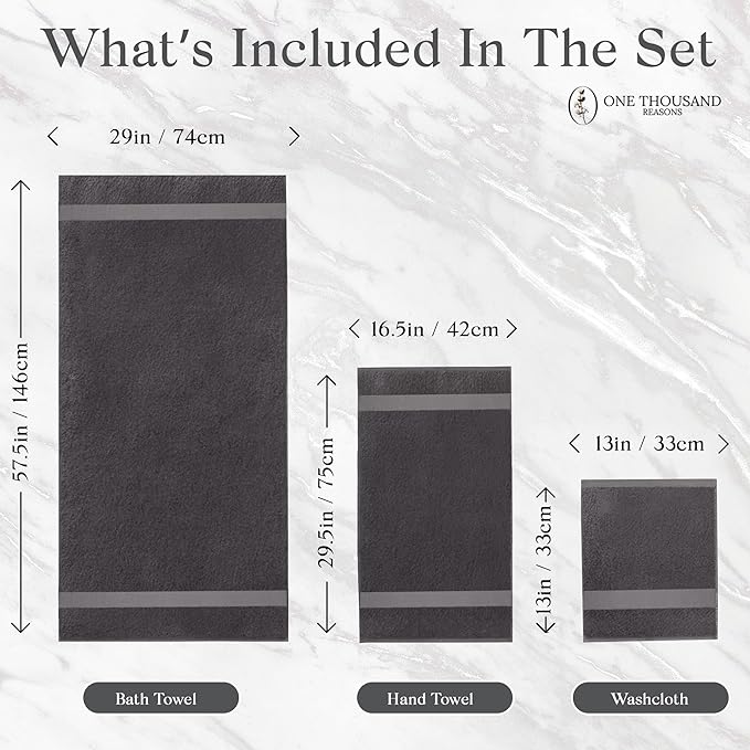 Premium Staple Cotton Bathroom Towel Set - Dark Gray 600 GSM 6-Piece Luxury Bath Towel Set 1 Stripe - 2 Bath Towels, 2 Hand Towels & 2 Washclothes Set - High Absorbent & Quick Dry for Gym, Spa, Hotel