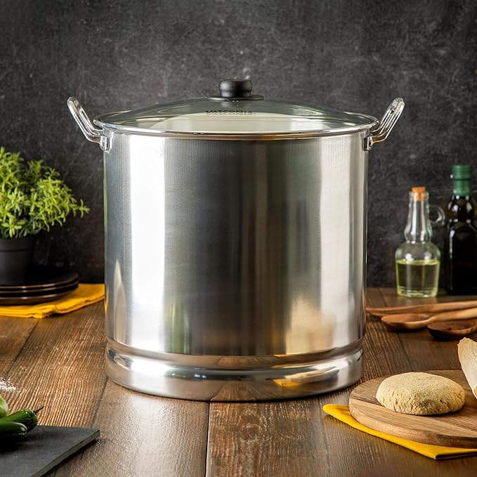 Vasconia 32-Quart Steamer Pot (Aluminum) with Tray & Aluminum Lid for Most Stoves (Hand-Wash only) Large Stock Pot for Tamales, Steaming, Boiling & Frying - Makes Seafood, Pasta, Veggies & More